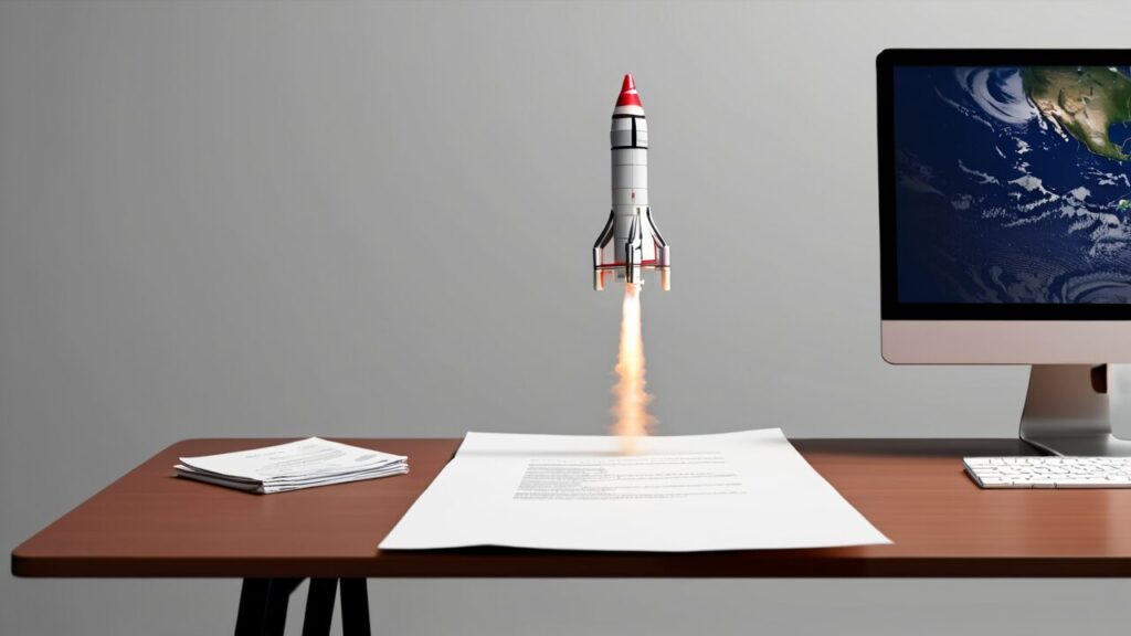 An image of a rocket taking off on a desk.