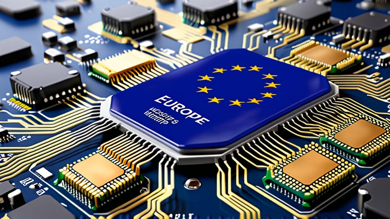 3d rendering of a computer chip with the european union flag on a circuit board, symbolizing european technology advancements.