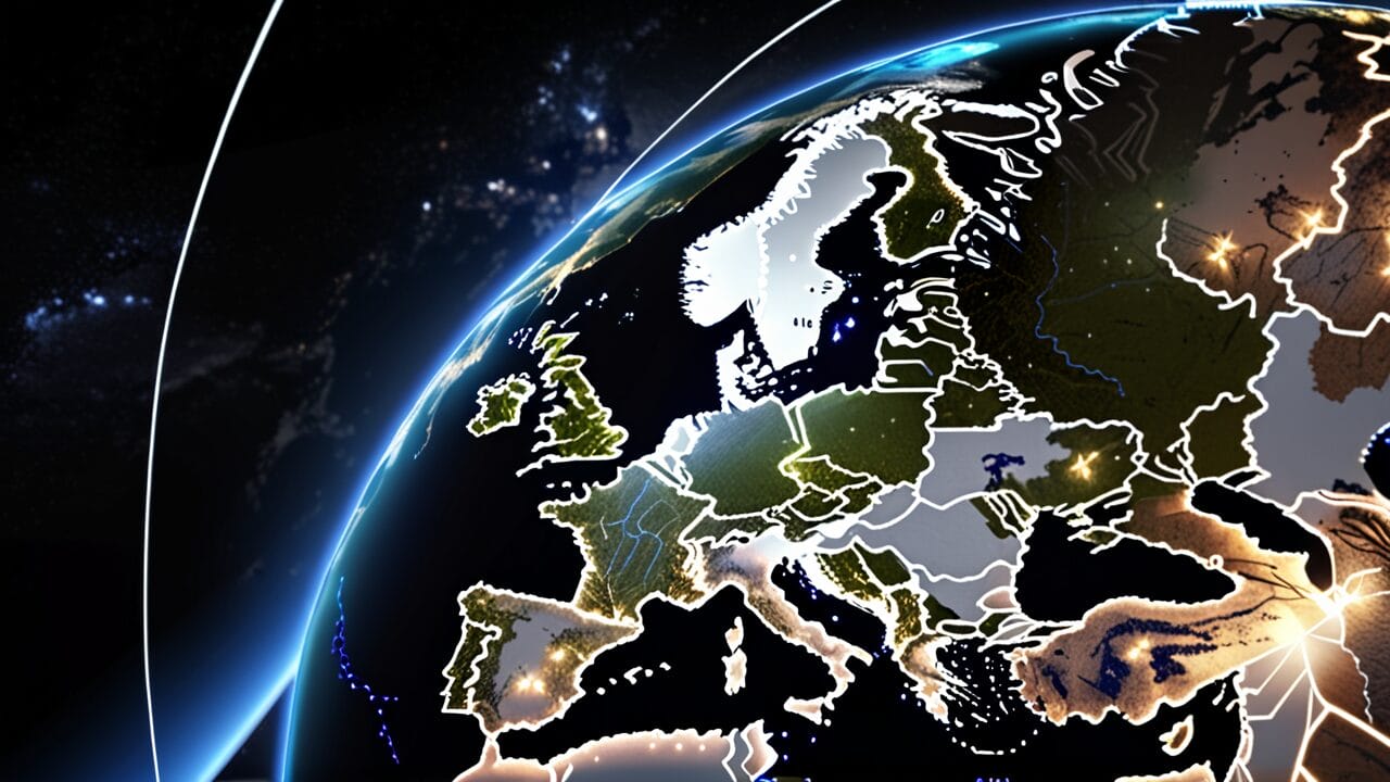 Digital illustration of earth highlighting europe and parts of africa and asia, with city lights visible from space denoting populated areas.