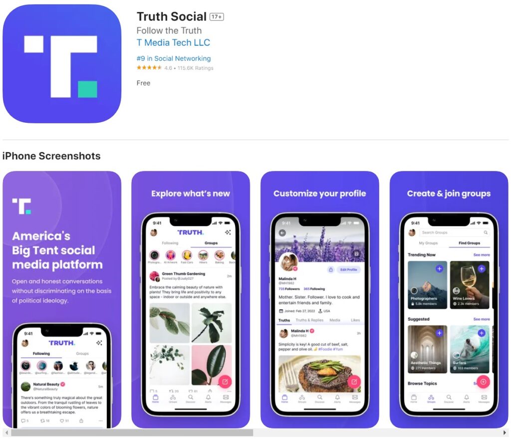 App store listing for a social networking application with screenshots showing features such as exploring content, customizing profiles, and creating groups.
