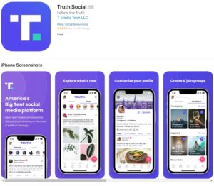 App store listing for a social networking application with screenshots showing features such as exploring content, customizing profiles, and creating groups.