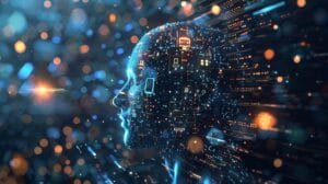 A futuristic image of a man's head composed by AI.