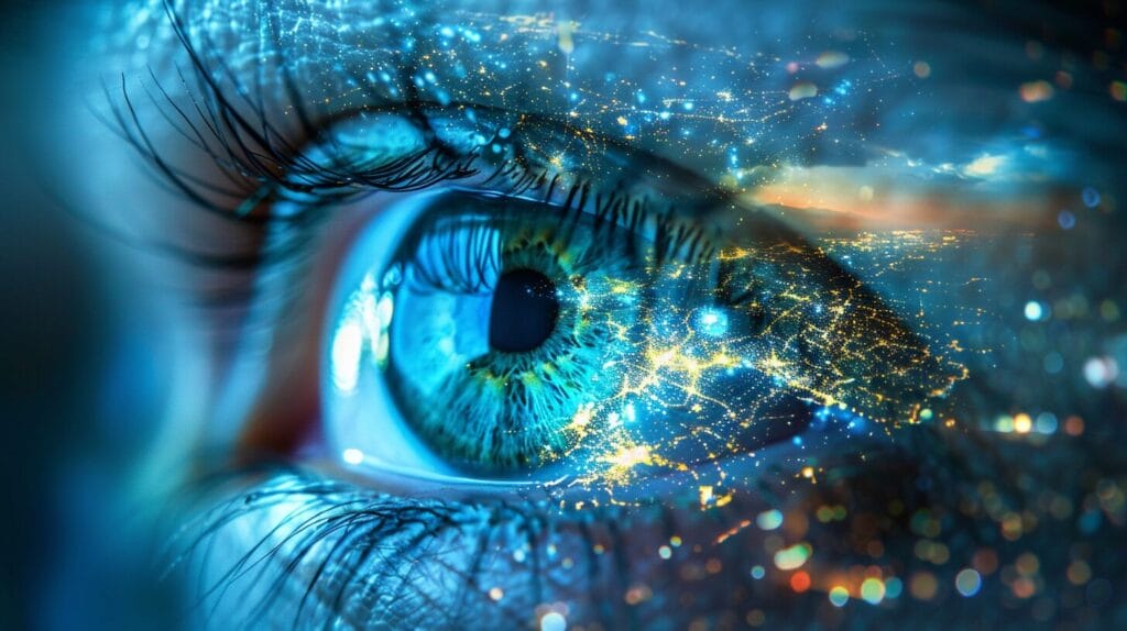 A close up of a woman's eye with artificial intelligence designed lights on it.