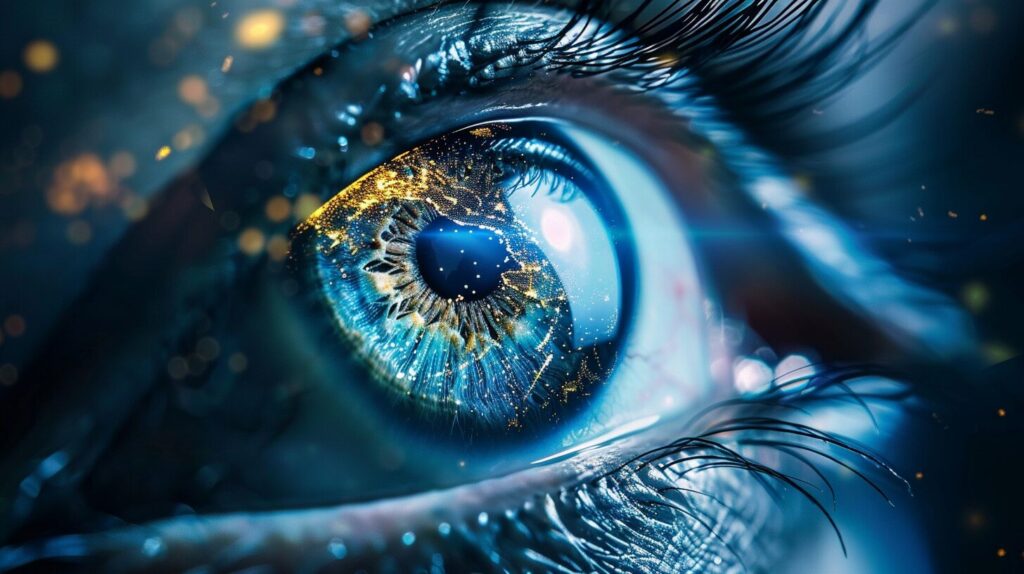 A close-up image of a woman's eye enhanced by Artificial Intelligence.