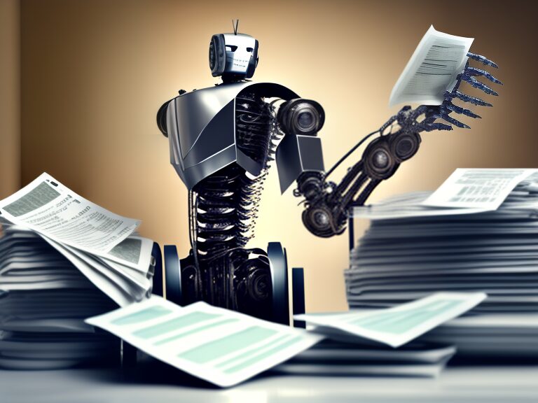 A robot is holding a stack of documents.