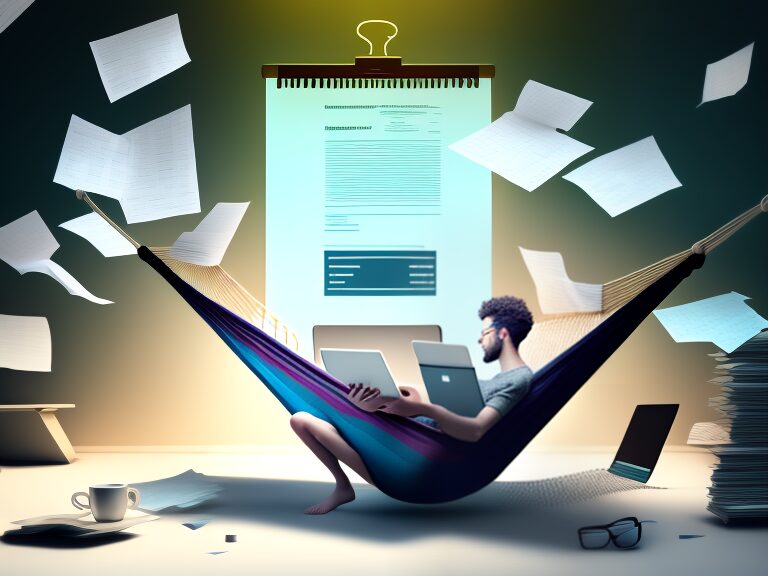 A man sitting in a hammock with a laptop in front of a pile of papers.