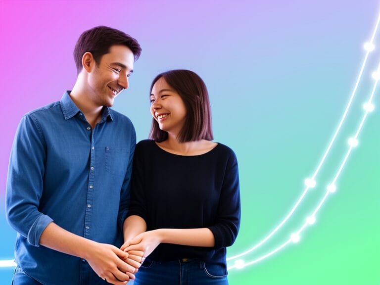 A smiling couple dating with AI, holding hands against a colorful gradient background with glowing lights.