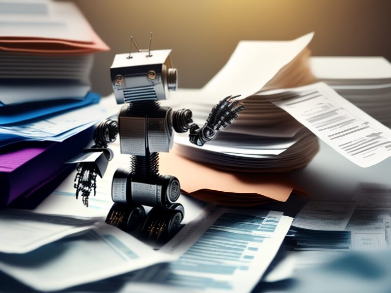 A robot is standing in front of a pile of documents.