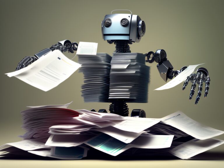 A robot is holding a pile of documents.