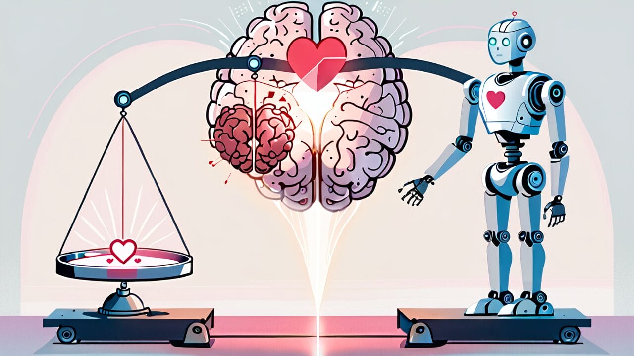A robot observing a balance scale comparing the weight of a heart and a brain, symbolizing the contrast between emotion and logic, akin to navigating the complexities of dating with AI.