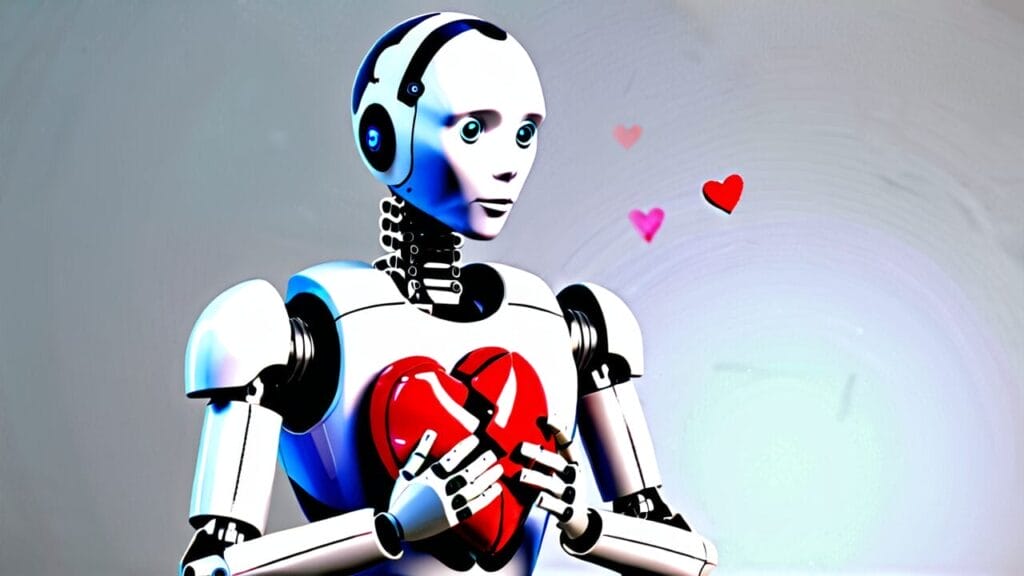 A humanoid robot holding a red heart with two pink hearts floating above its shoulder, embodying the concept of dating with AI.