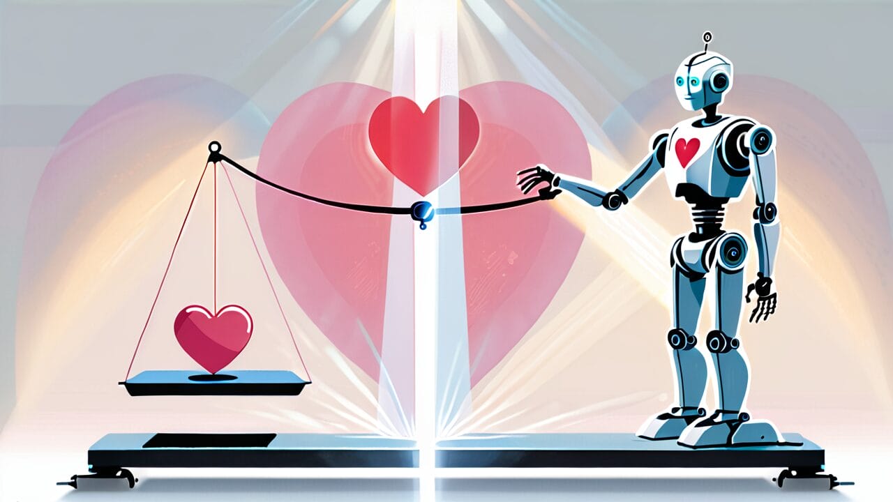 A robot balancing a heart symbol on a scale, illustrating the concept of artificial intelligence and emotion in dating with AI.