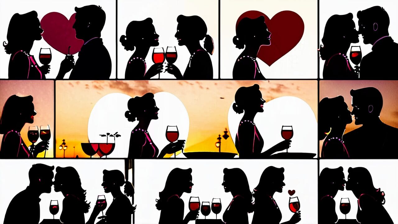 A stylized set of images portraying silhouettes of a couple engaging in various romantic interactions, such as holding hands, sipping wine, and kissing, set against a backdrop of hearts and sunsets