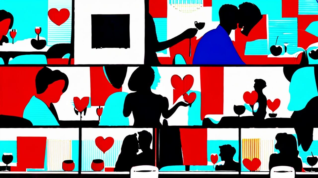 Graphic illustration of various silhouetted couples and individuals dating with AI? in a romantic setting with red, black, and blue color scheme.