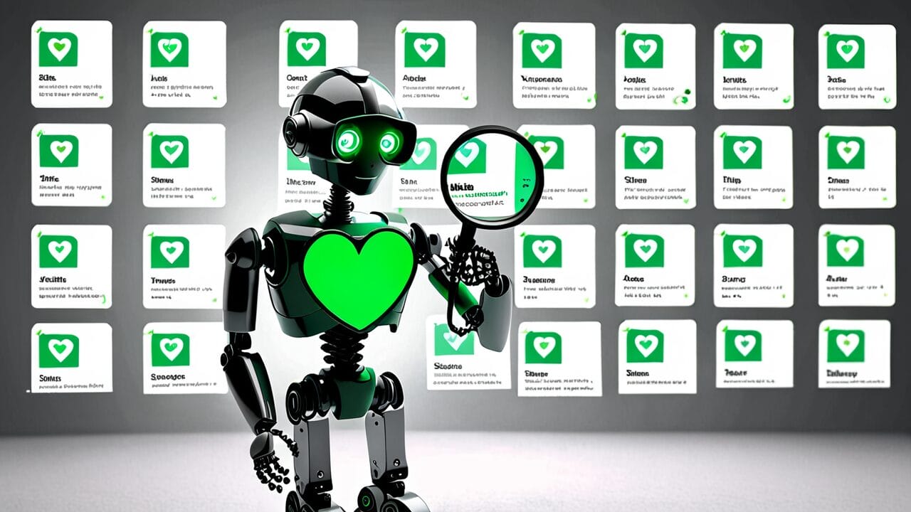 A robot holding a magnifying glass and a green heart stands in front of a wall with various icons representing different emotions and social concepts, symbolizing the exploration of dating with AI.
