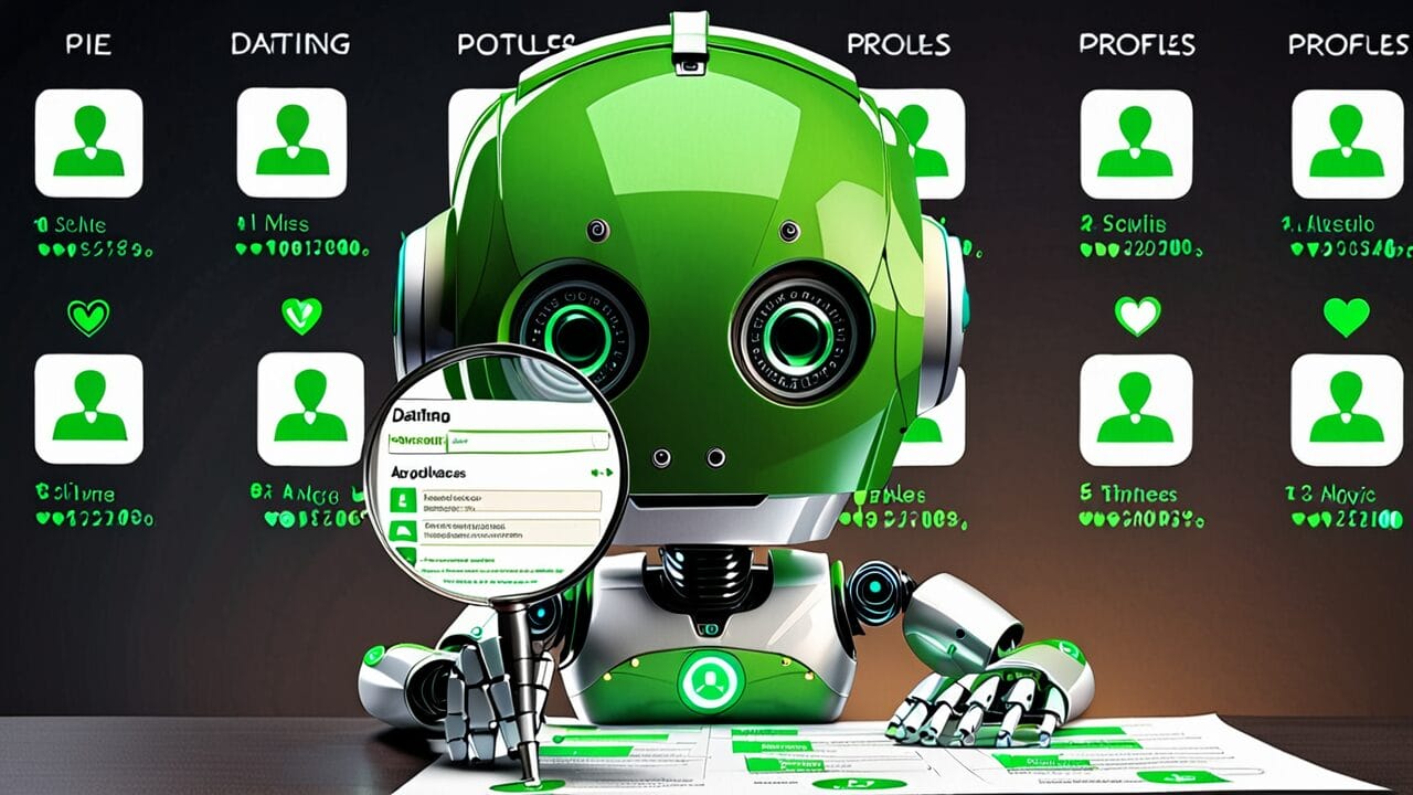 Artificial intelligence robot analyzing user profiles and data metrics on a digital dating interface.