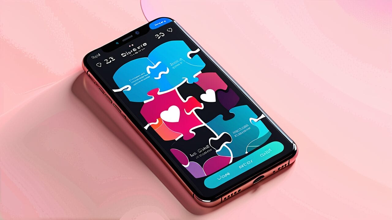 Smartphone displaying a colorful puzzle interface on its screen, suggesting an app focused on Dating with AI.