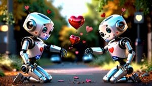 Two robots with heart symbols displaying an affectionate gesture towards each other, hinting at dating with AI.
