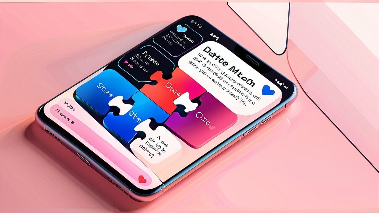 Smartphone displaying a colorful puzzle-themed dating app interface with AI integration.