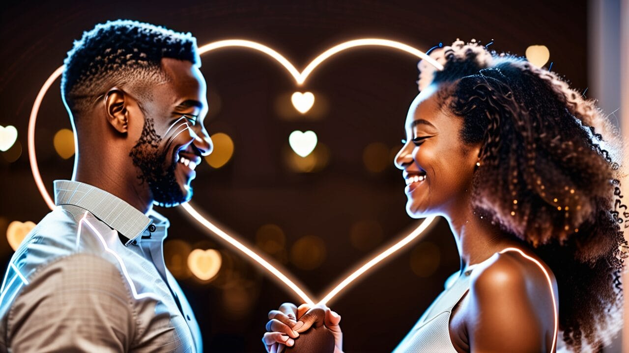 A joyful couple dating with AI, holding hands and looking at each other with affection against a backdrop of heart-shaped lights.