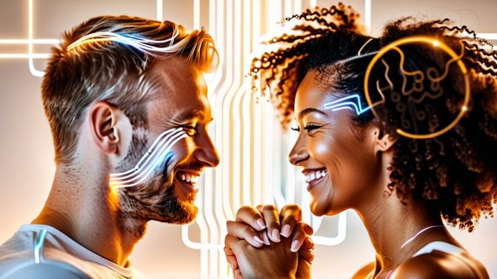 A man and a woman holding hands, smiling at each other with digital brainwave patterns superimposed on their profiles, hinting at dating with AI?
