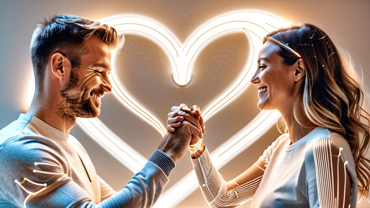Two people holding hands and smiling at each other, dating with AI? in the background with a neon heart light.