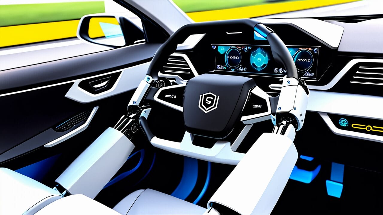Modern car interior with a futuristic steering wheel and digital dashboard displays.