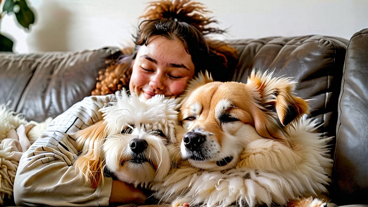 A joyful young woman engaged in dating with AI, hugging two contented fluffy dogs on a sofa.