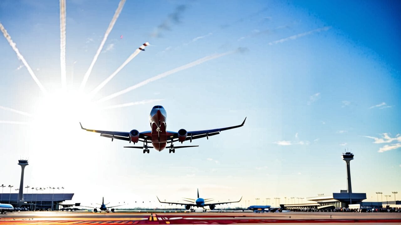 Airplane landing at an airport with sun rays in the background.