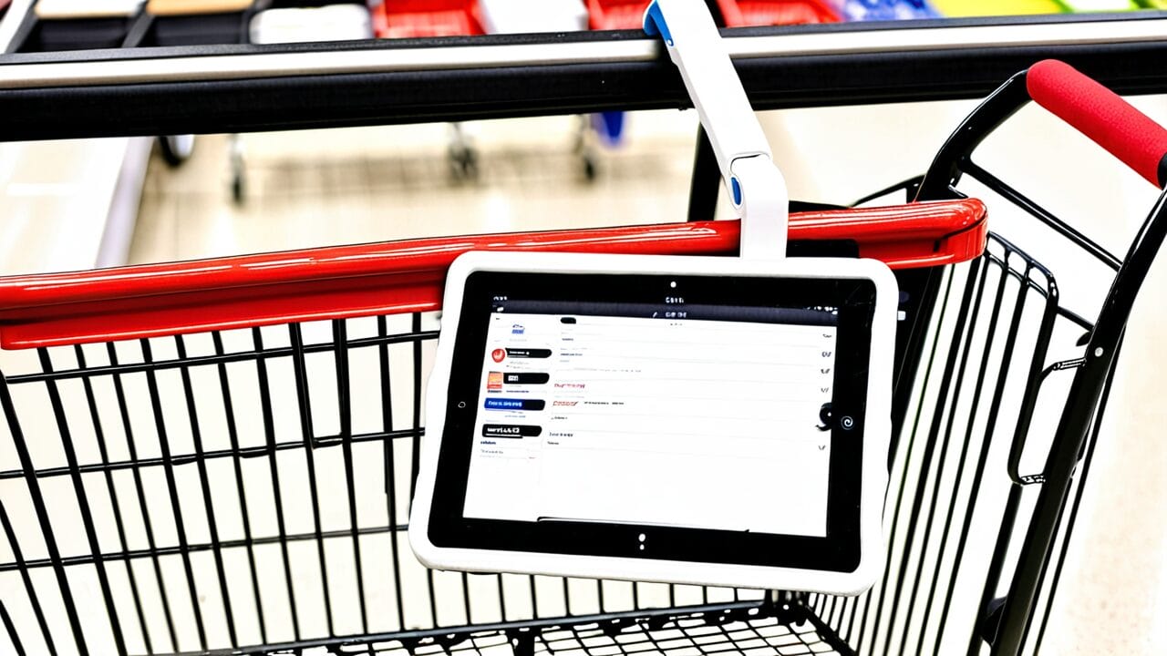 A tablet mounted on a shopping cart displaying a shopping list app.
