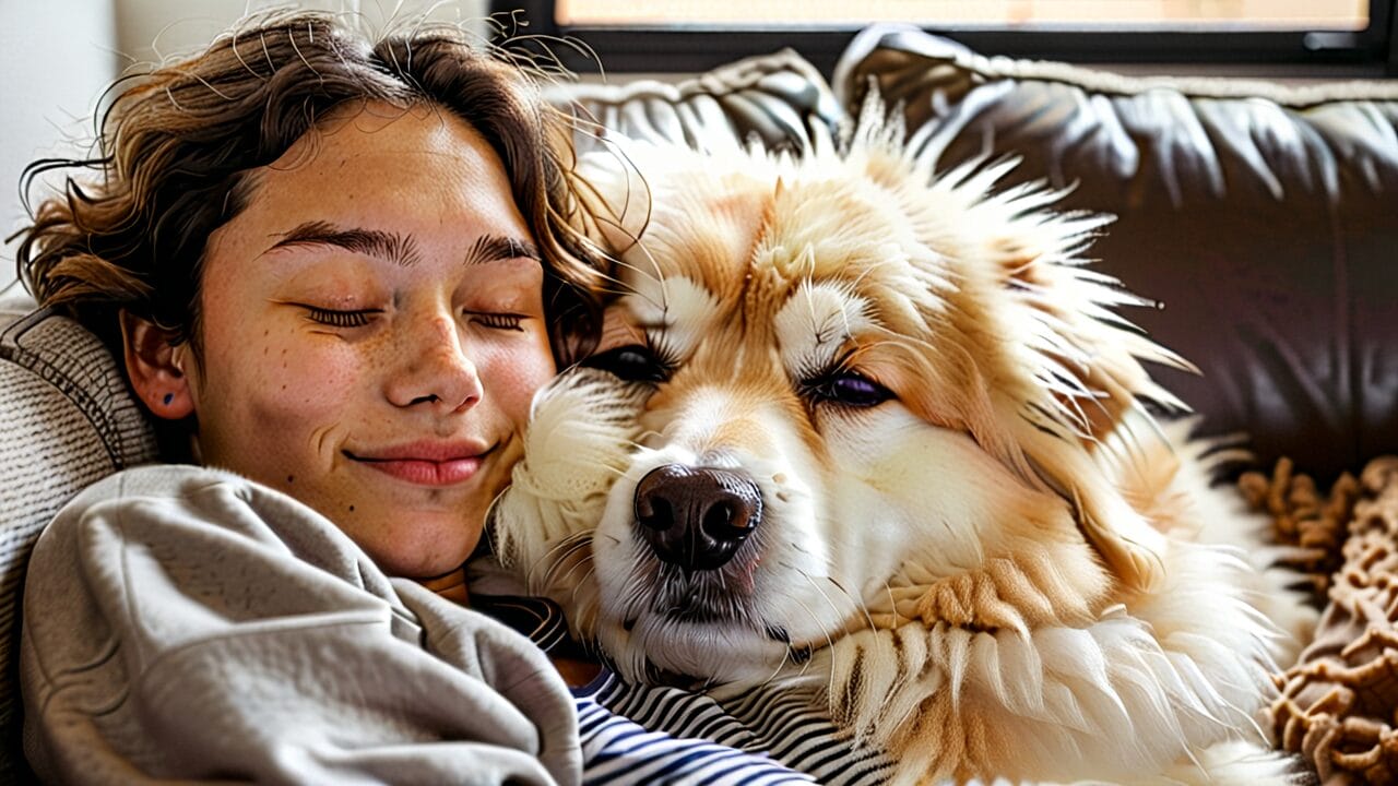 A person and a fluffy dog, companionably bonding as if dating with AI, enjoying a cozy snuggle on a couch.