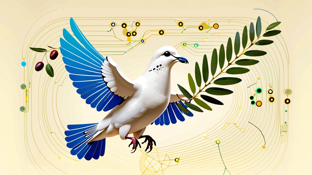 Illustration of a stylized dove in flight against an abstract background with olive branches and digital circuit elements.