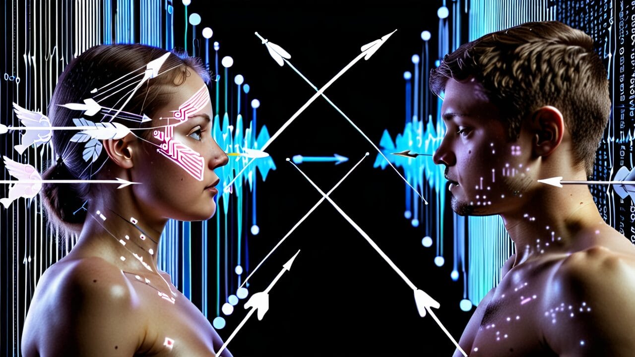 Digital dating concept with two individuals facing each other against a backdrop of binary code and visual data transfer.