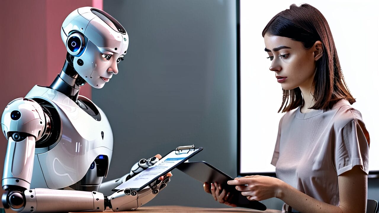 A woman and a humanoid robot sitting at a table, engaging with a digital tablet, exploring the concept of dating with AI.