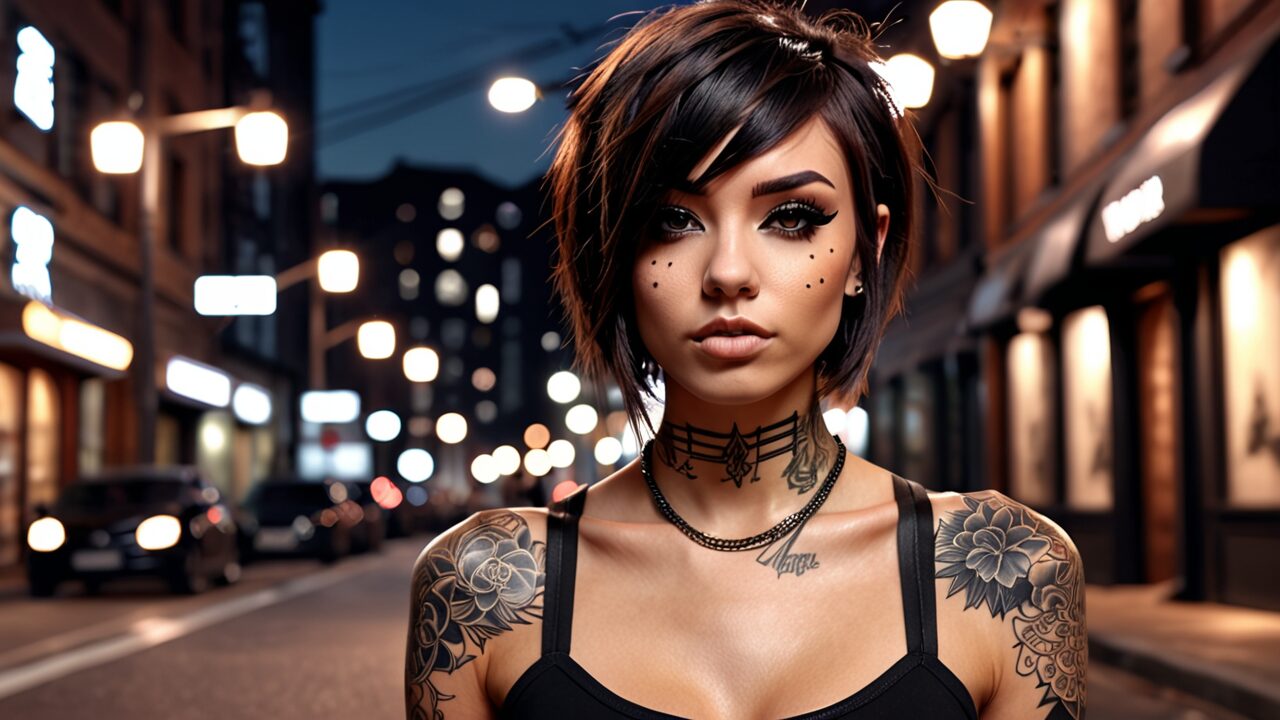Digital portrait of a woman with tattoos and piercings standing in a dimly lit city street at night.