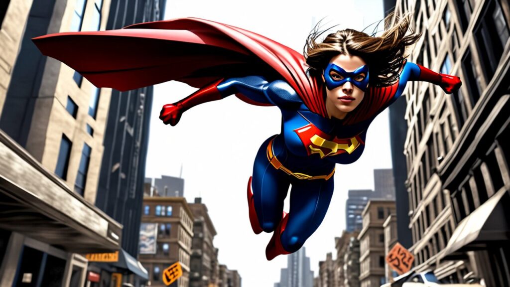 Illustration of supergirl flying swiftly through a cityscape, wearing her iconic blue and red costume with a cape.