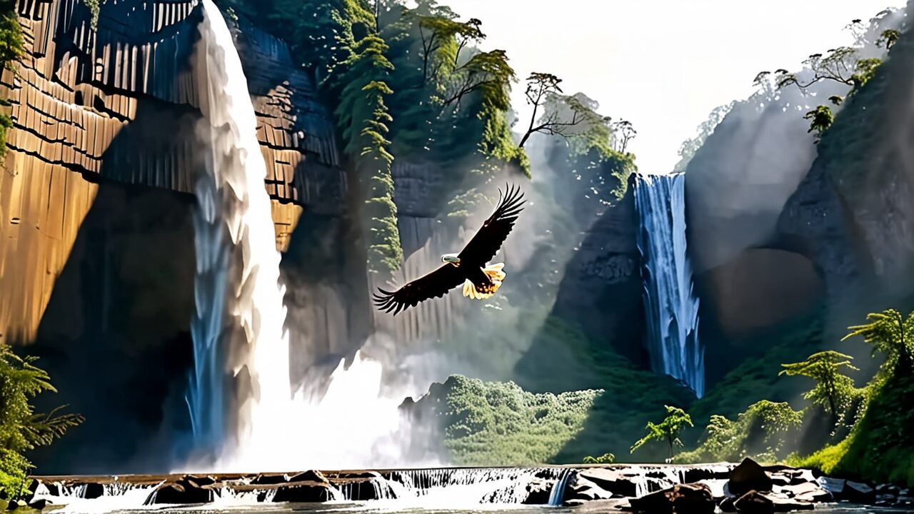 An eagle flies in the foreground of a scenic waterfall surrounded by lush forests and rocky cliffs.