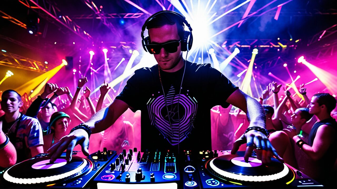 Dj performing at a club with enthusiastic crowd in the background, colorful lights and smoke effects illuminate the scene.
