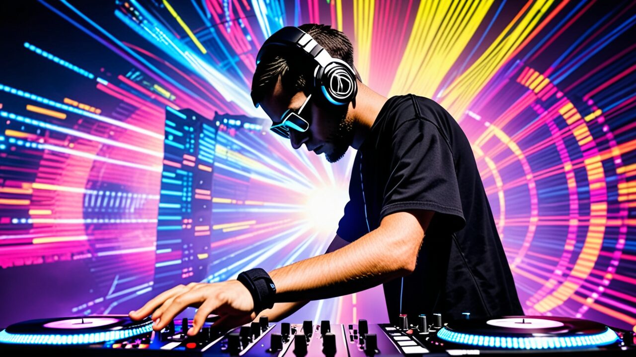 A dj in headphones mixes tracks on a turntable against a vibrant, colorful light beam background.