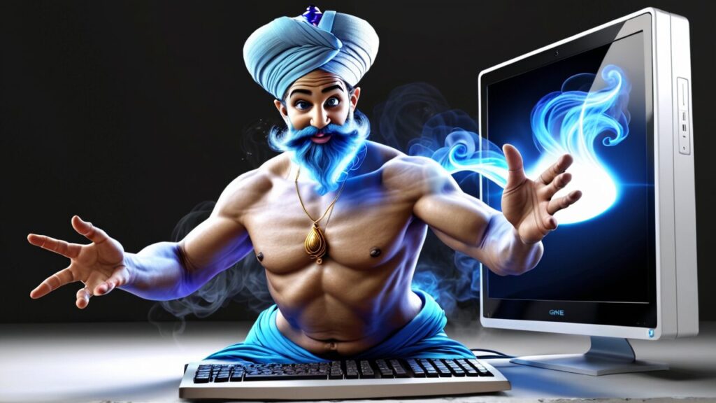 A digital illustration of a muscular genie with a blue beard emerging from a computer screen, magically interacting with blue smoke.