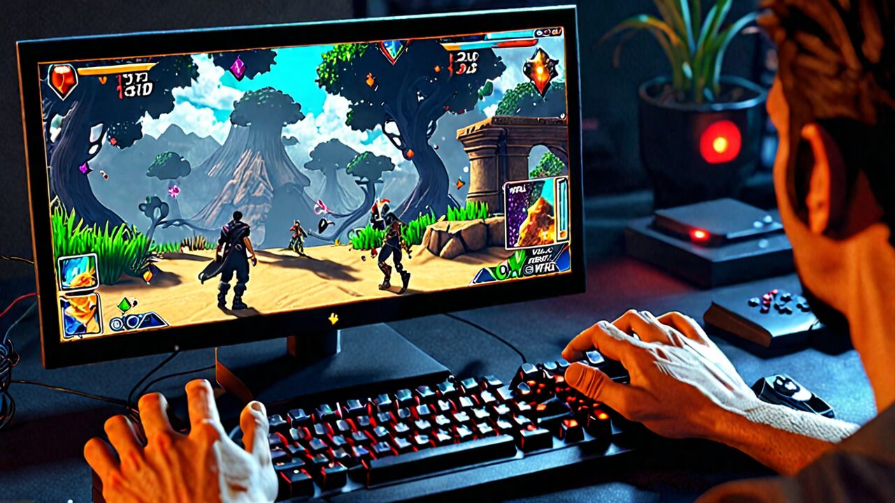 A person playing a fantasy video game on a computer, with illuminated keyboards and detailed graphics on the screen.