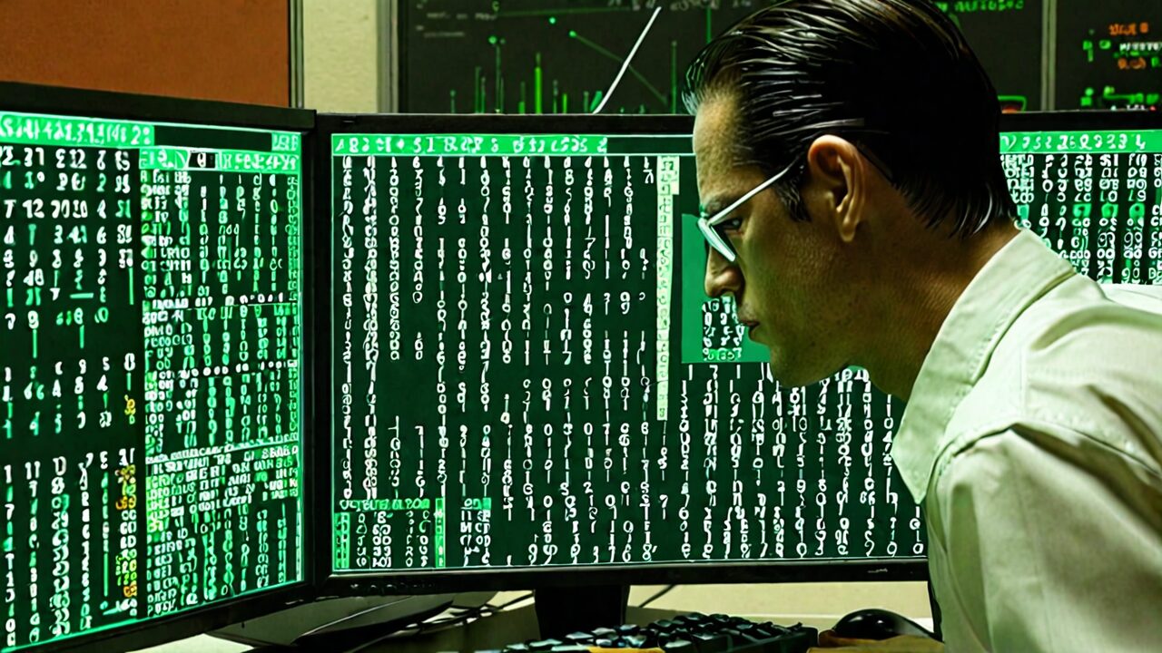 Man in glasses analyzing data on multiple computer screens displaying green code.