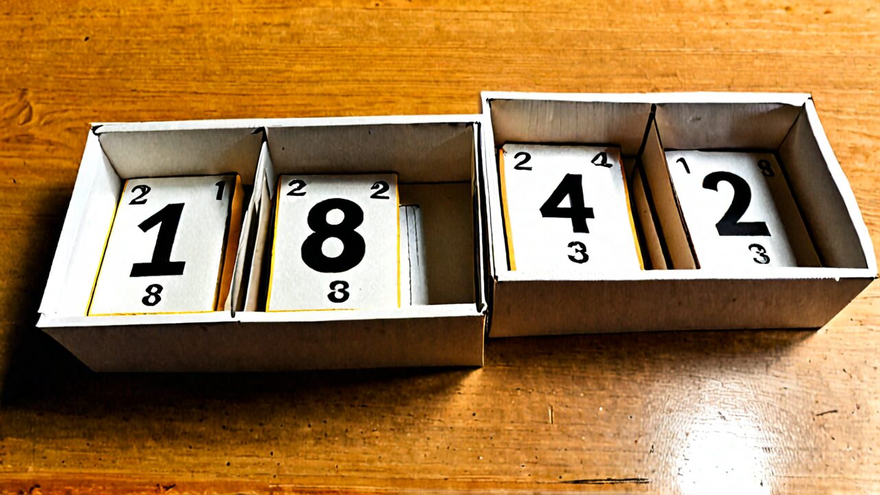 Four open boxes with numbered cards inside arranged on a wooden surface.