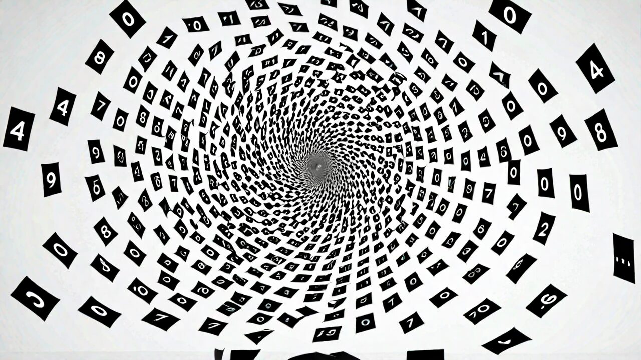 Black and white illustration of numerous numbers spiraling into a central vortex on a plain background.