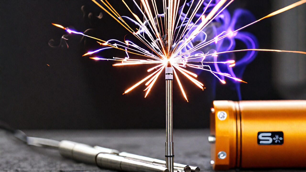 A close-up image of a colorful sparkler igniting, with a metallic silver tool and an orange battery pack on a dark, blurred background.