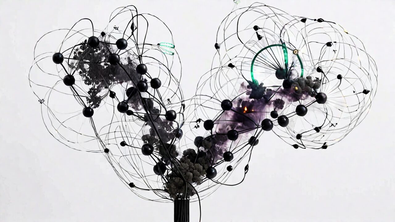 Abstract digital artwork resembling two bouquets, consisting of swirling black lines and nodes with subtle purple highlights on a white background.