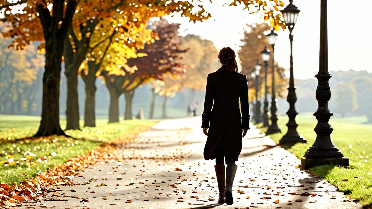 A woman walks away on a tree-lined path adorned with autumn leaves under a warm sunlight.