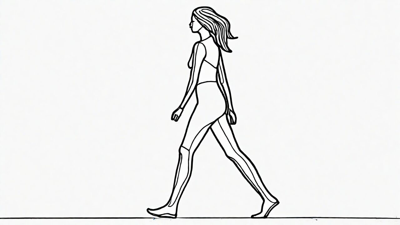 A minimalist line drawing of a woman walking confidently to the right, depicted in profile with flowing hair and a stride suggesting motion.