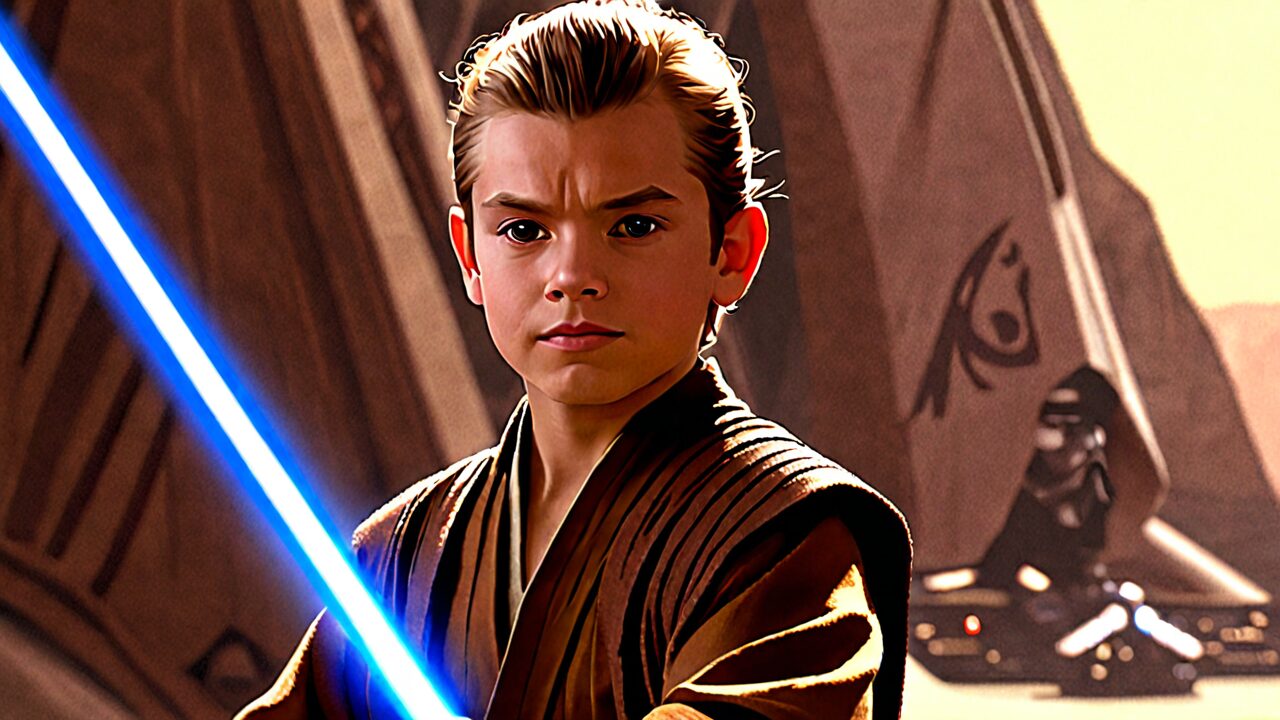Anakin skywalker from star wars, depicted as a young boy holding a blue lightsaber, with a shadowy figure in the background.