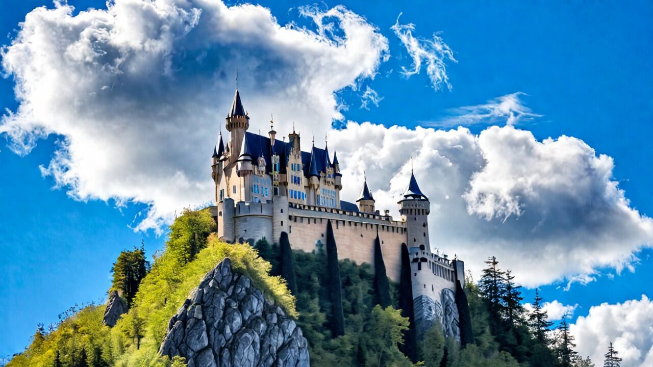Majestic castle perched atop a rocky hill under a dynamic sky with fluffy clouds.